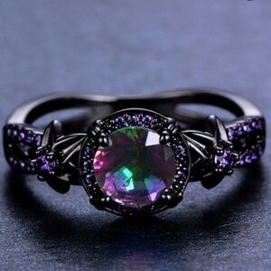 Mystic Rainbow Fire Topaz Flower Ring Black